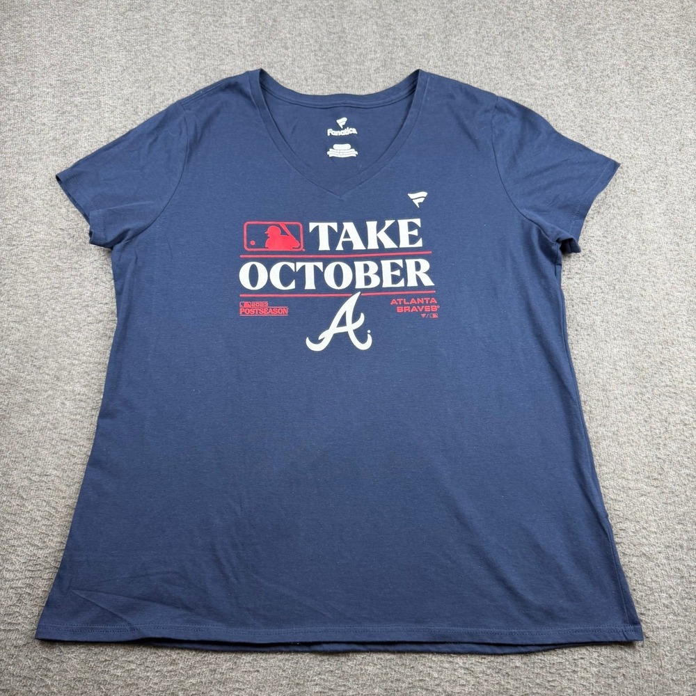 Fanatics Atlanta Braves Women's Navy Blue 2023 Postseason Take October V-Neck XL